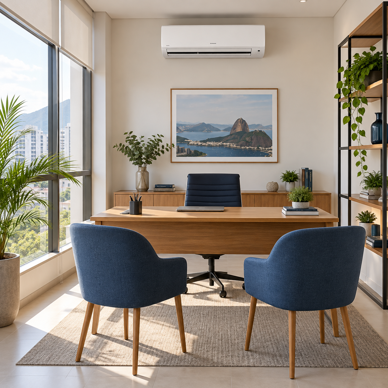 Escritório contemporâneo com mobiliário azul e ar-condicionado split